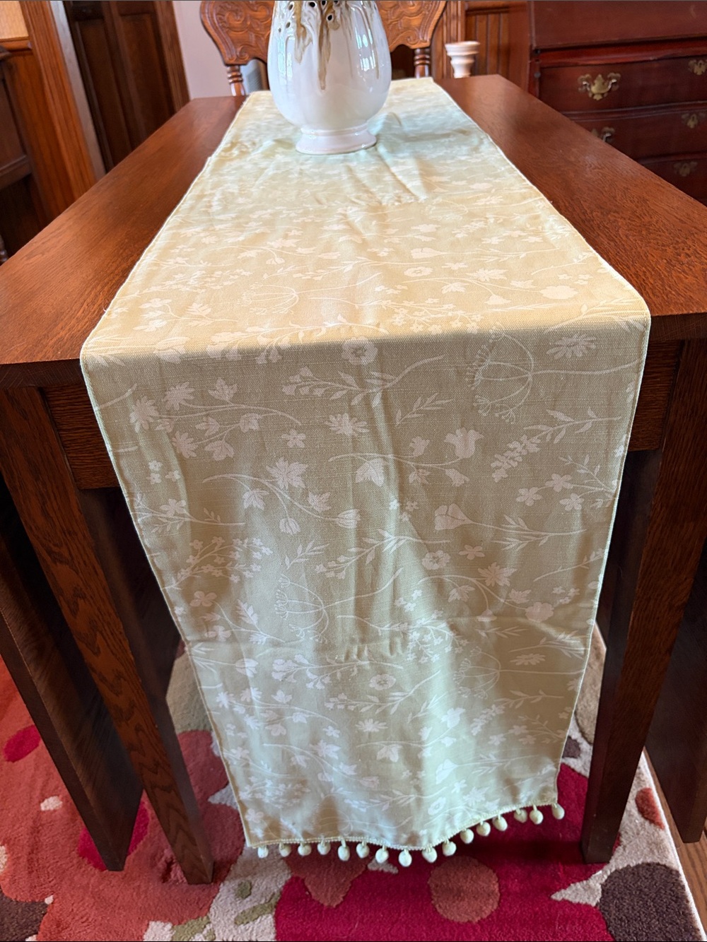 Green Floral Jacquard Table Runner with Pom Trim